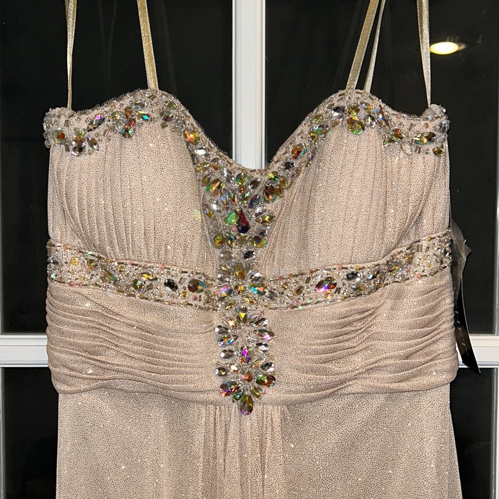 Champagne with gold shimmer strapless gown with jewel details